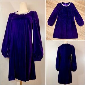 Vintage 1960s Purple Velvet Renaissance Revival Mini Dress Mod Gogo Medieval